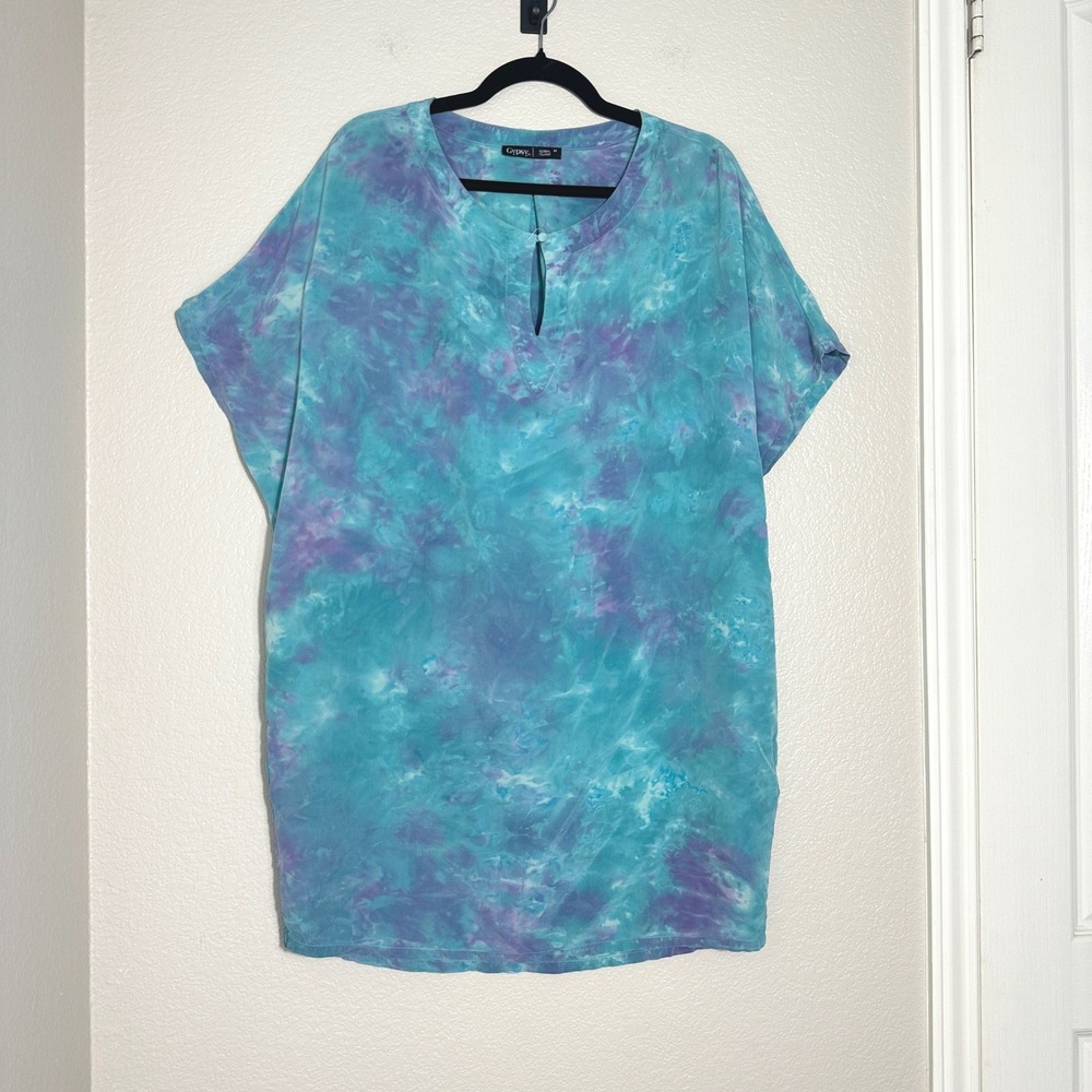 Gypsy 05 Silk Tunic Top Swim Cover-up Medium Blue Purple Tie Dye Beach Resort